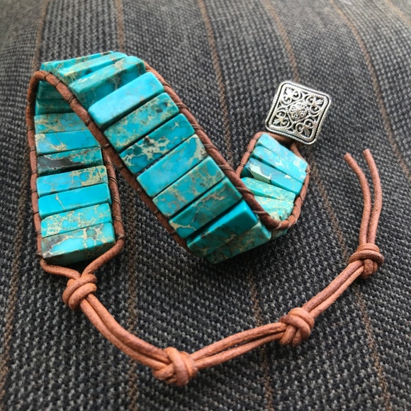 Blue Imperial Jasper Bracelet Boho Genuine Leather - Picture 6 of 8